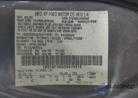 2002 Mercury Sable Gs from USA, damaged, VIN 1MEFM50U62G619919